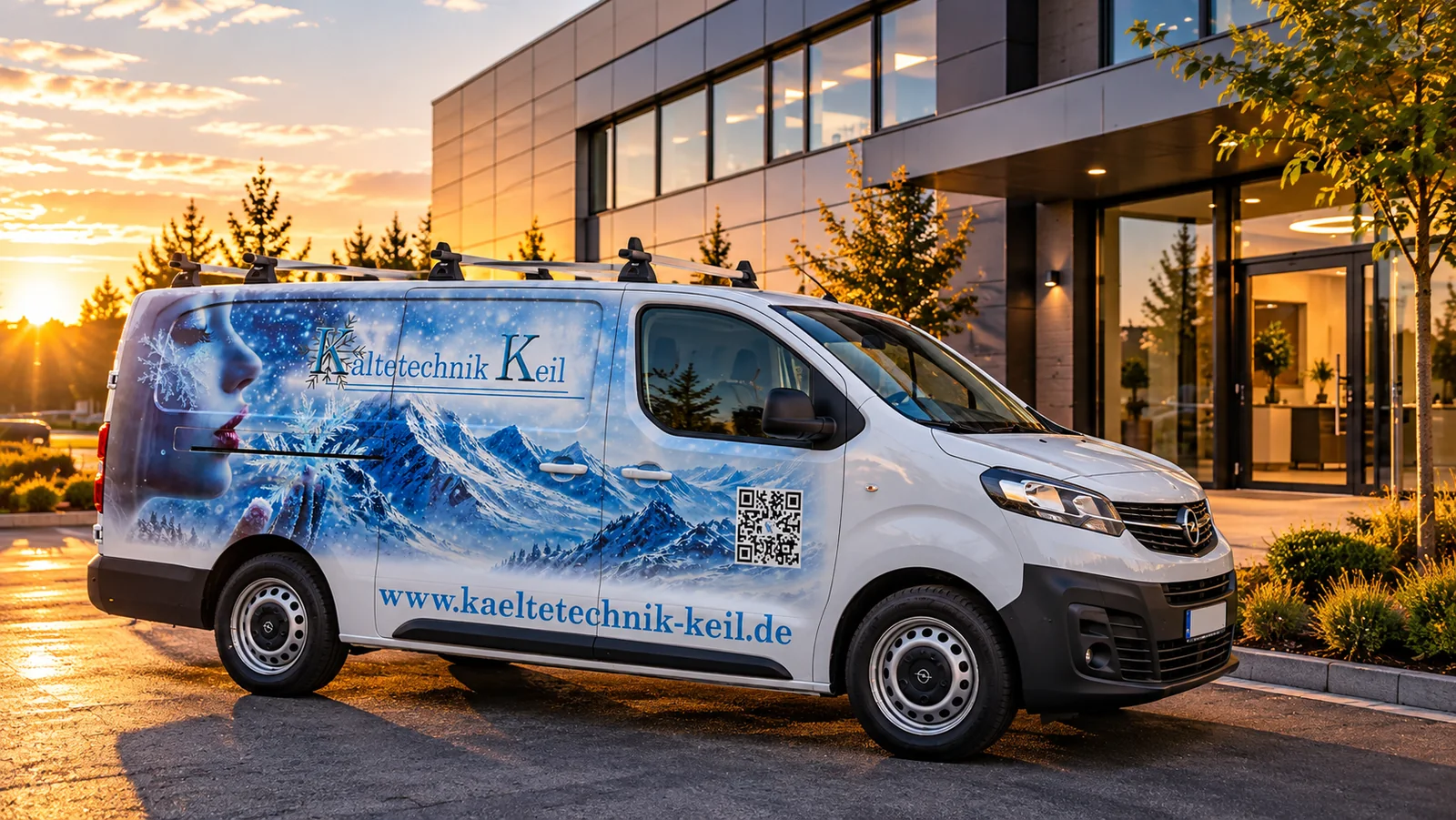 Illustration eines Firmenfahrzeugs von Kältetechnik Keil im Abendlicht